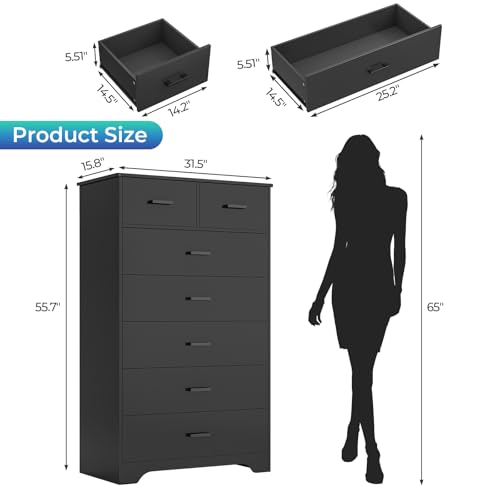 image for DICTAC Black Dresser for Bedroom with 7 Drawers, 55.7