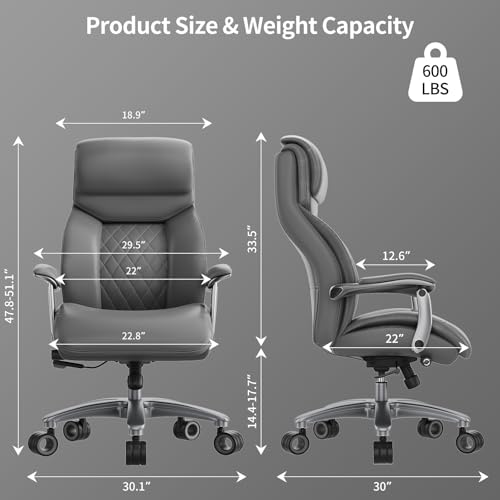 Image of Big and Tall Office Chair with Wide Area Armrest, 600lbs Heavy Duty Desk Chair with Adjustable Lumbar Support, PU Leather High Back Ergonomic Executive Computer Chair with 3'' Silent Casters