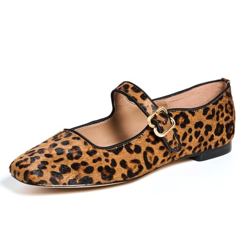 Image of DOEYG Mesh Ballet Flats Shoes for Women Leopard Animal Print Mary Jane Flats Shoes Square Toe Dress Casual Comfortable Velvet Ballerina Shoes