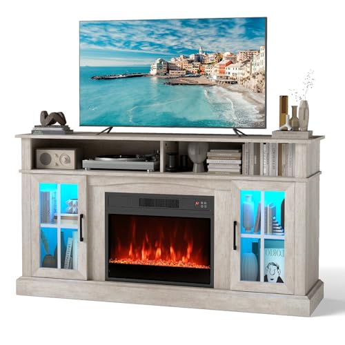 COSTWAY Electric Fireplace Insert TV Stand, Entertainment Center Console Table with Adjustable Flame, Overheat Protection Fire Heater & Remote (Grey, with RGB LED Lights, 23” Fireplace, for 65” TV)