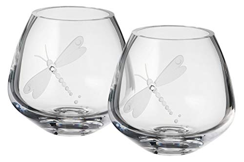 Dragonfly Tea Light Holders - Set Of 2 - Swarovski Crystal & Etched Dragonfly - Mouth Blown Glass Candleholders Set For Wedding Home Decor - Luxury Gift Box - 4 In (10 Cm) #TOP1