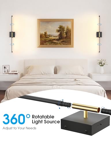 Image of 7800mAh Battery Operated Wall Sconces Set of Two, 34'' Rechargeable Wall Sconces with Remote, 360 Rotatable Battery Wall Sconce Decor, Wireless Wall Lights for Bedroom, Living Room(Black Gold)