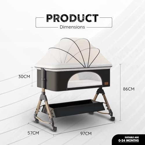 Image of Baby Comfortable 6-in-1 Baby Cot, Crib, Bedside Bassinet, Adjustable Height, Mosquito Net, Storage Basket, Wheels, and Mattress | Easy Folding, Unique Design-Charcoal Grey | Breathable Cloth