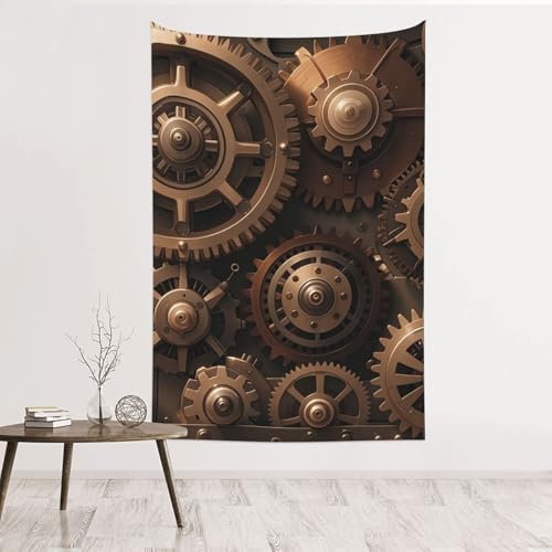 Tapisserie steampunk engrenages 152x101 cm en velours pêche décoration murale