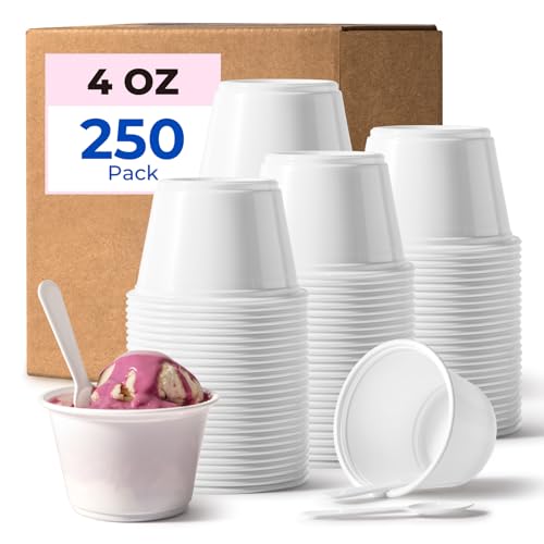Fit Meal Prep 250 Pack 4 oz White Disposable Plastic Cups and 3 Inch Tasting Spoons - Portion Food Samplers for Restaurants Catering Party Appetizers Souffle Dressings Ice Cream Desserts -  Fifth Ave Fair, 4OZ