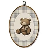 XPH Vintage Bear Nursery Oval Wall Art Framed, Kids Oval Wall Decor Accents, Neutral Classic Gingham Plaid Bear Animal Hanging Canvas Prints for Home Kids Girly Nursery Room Playroom Decoration, 8.6x11.4 Inch
