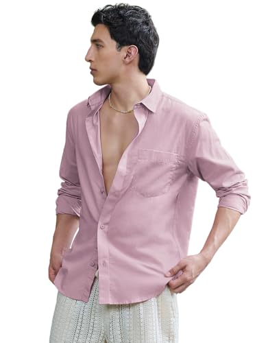 Image of Bewakoof Mens Solid Regular Fit Full Sleeve Collar Cotton Linen Blend Shirt