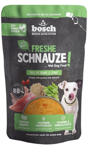 Bosch Freshe Schnauze, Pute mit Quinoa und Spinat 1 x 400 g, Schonend Dampfgegartes Nassfutter für Hunde, Vollwertiges Alleinfuttermittel mit hohem Fleischgehalt, 400 g Hundenassfutter