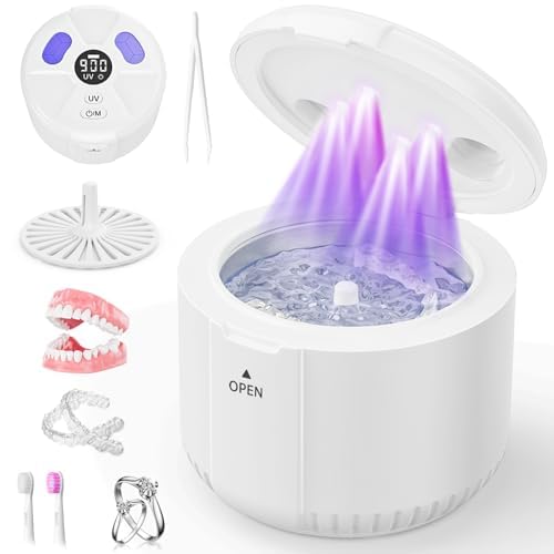 45kHz Ultrasonic Retainer Cleaner, Dental Cleaning Pod for Mouth Guard, Invisalign, Aligner, Night Guard, Braces, Toothbrush, Jewelry, Powerful Denture Cleaner Machine with Digital Timer (White)