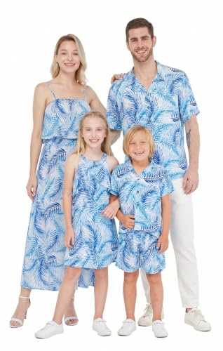 Image of Hawaii Hangover Family Matching Hawaiian Clothes, Simply Blue Leaves | Family matching Hawaiian outfits, Simply Blue Leaves, lightweight rayon, machine washable, tropical leaf print, luaus