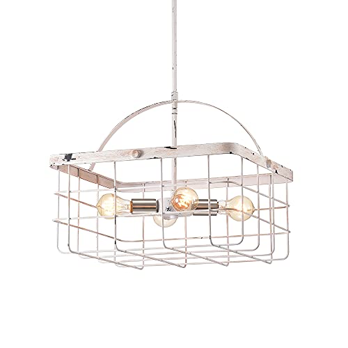 Edvivi Cage Chandelier, 4 Lights, Antique White Wood Finish Farmhouse