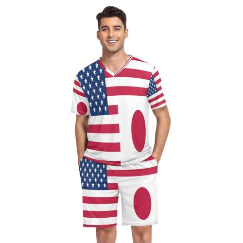 Camisa de pijama para hombre de manga corta con banderas de EE. UU. y Japón