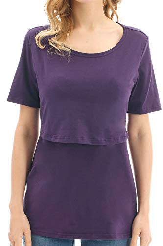 Bearsland Women's 3 Packs Cotton Maternity Nursing Tops Short Sleeve Breastfeeding Clothes,Purple+Redwit+Armygreen,S #TOP2