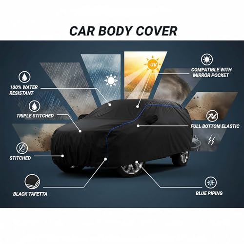 Image of Sulfar 100% Water Resistant Car Body Cover Compatible with Mirror for Jeep Grand Cherokee (Triple Stitched, Full Bottom Elastic, Black Tafetta with Blue Piping)