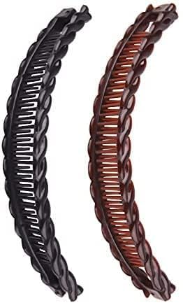 2 Pack Large Hair Clips: Black and Brown Banana Fish Comb Grip Clips for Long Hair