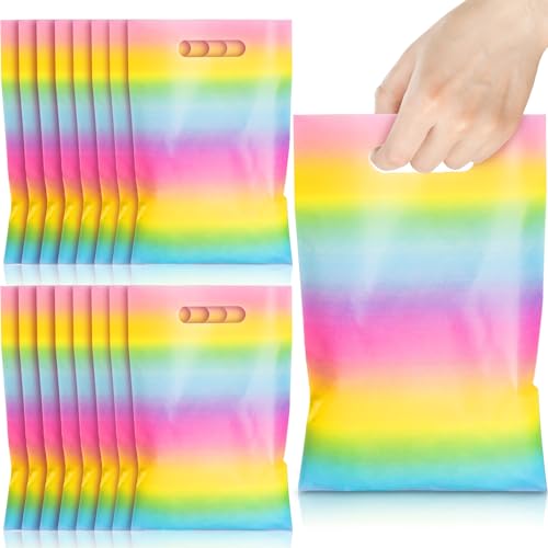Epakh 100 Pcs Rainbow Gift Bags Bulk Plastic Goody Bags with Handles Treat Candy Gift Packing for Beach Summer Baby Shower Birthday Party Supplies (Gradient)