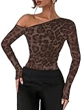 GORGLITTER Damen Bodysuit Langarm Off Shoulder Bodys Elegant Langarmshirt Leopardenmuster Blusebody Herbst Party Festival Outfits Kaffeebraun S