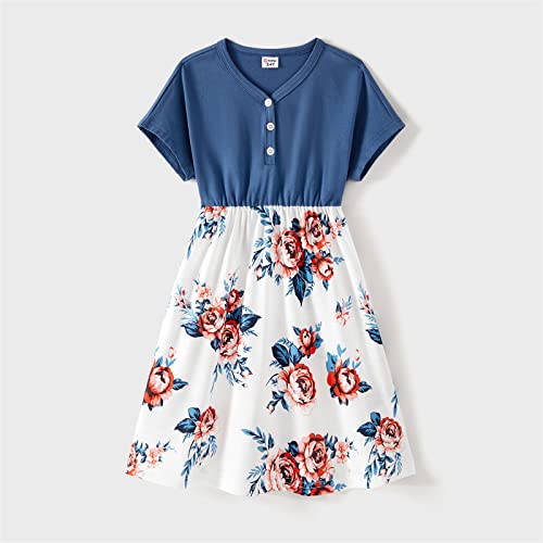 Patpat Family Matching Outfits Mommy And Me Dresses Matching Set Button Front Floral Print Splicing Ruffle Dresses And Short Sleeve Striped T-Shirts Sets Boho Beach Denim Blue Toddler Girl 2 Years #TOP3