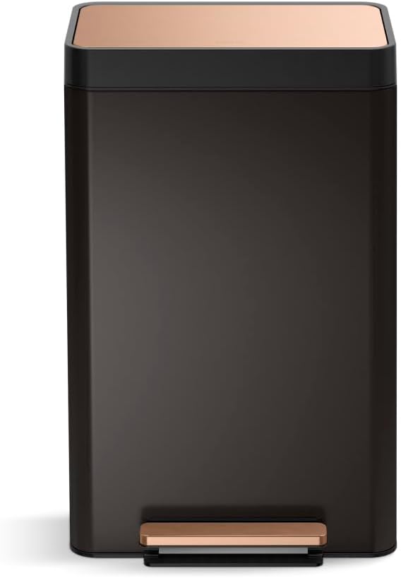 KOHLER 13-Gallon Stainless Steel Step Trash Can, Black Stainless Steel & Moderne Brushed Brass, Hands-Free Pedal, Quiet-Close Lid, K-20940-BSB
