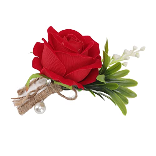 Wedding Corsage Rose, 5PCS Wedding Boutonniere Pin Fixed Plastic Artificial Flower Corsage for and Groom(Red) - Image 3