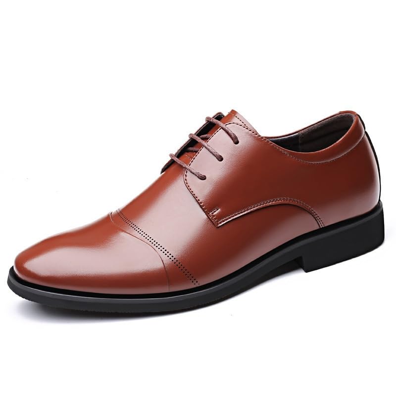 Dress Oxford for Men Lace Up Round Toe PU Leather Cap Toe Derby Shoes Non Slip Block Heel Rubber Sole Low Top Classic(Brown,8.5)