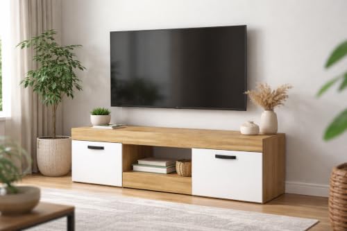 Meuble TV Blanc et Bois 150x49x28,2cm – Meuble Bas Design Moderne avec 2 Portes, pour Salon ou Chambre.
