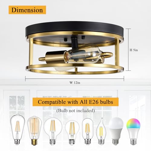Treekee 12" Ceiling Light Fixtures, Flush Mount Lighting Round, Gold Metal Finish, Vintage Retro and Modern Industrial Charm Ceiling Lamp for Bedroom Hallway Foyer Entryway by Treekee - Image 3