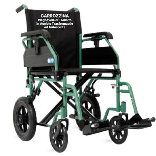 Comfort e funzionalità: sedia a rotelle con schienale e seduta imbottiti e lavabili, tasca portadocumenti, braccioli ribaltabili semi-lunghi, pedane estraibili regolabili in lunghezza con poggiapiedi e cinturino ferma-tallone