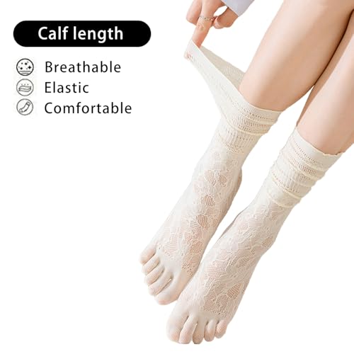Image of Triplewood 2 Pairs Lace Tabi Socks for Women Split Toe Flip Flop Socks, Y2K Calf Sock Mid Calf Toe Sock