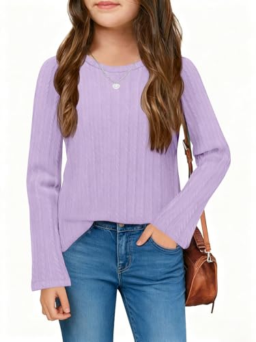 Haloumoning Girls Long Sleeve Shirts Kids Textured Crewneck Tops Casual Cute Blouse Tee 5-14 Years Light Purple