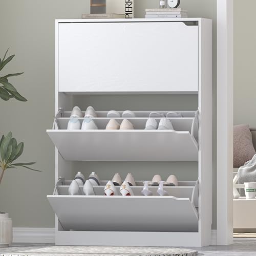 Image of Shoe Storage Cabinet for Entryway, White Shoe Cabinet with 3 Flip Drawers, Hidden Shoes Rack Freestanding Storage Organizer for Entryway,Closet, Living Room,Hallway 47.24 inchH x 31.50 inchW x 9.44 inchD