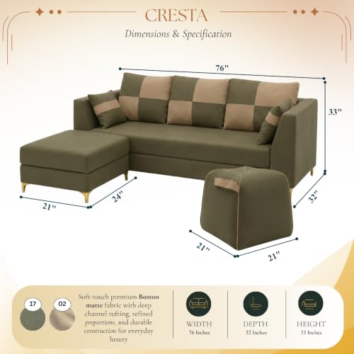 Image of FURNY Signature Cresta 5-Seater L-Shape Sofa Set with Movable Ottoman & Suri Pouf | Flexible LHS /RHS Layout | Boston Fabric | 40D Foam + Zigzag Spring | 3-Yr Warranty (Olive Green - Beige)