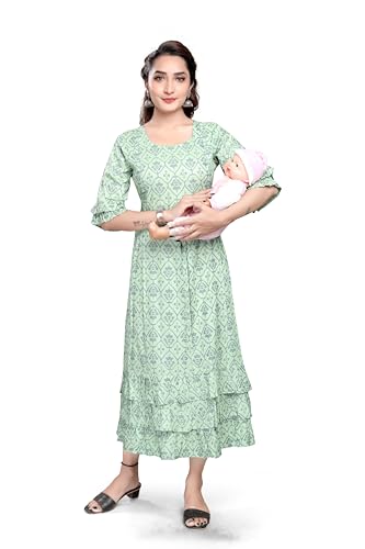 Image of B2F Women's Printed Flared Maternity Kurti with Zipper, Cotton Rayon Feeding Kurta for Pre & Post Pregnancy