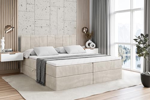 ALTDECOR Boxspringbett mit Matratze und Lattenrost, Boxbett, Topper, Polsterbett mit Bettkasten, Bett mit Stauraum H3-Matratze, Doppelbett, Springboxbett - MOETI - 180x200 Beige Samt