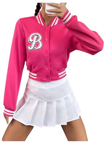 SHENHE Women's Graphic Baseball Jacket Letter Bomber Button Down Striped Trim Crop Varsity Jacket4