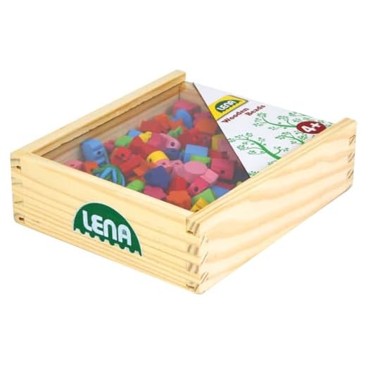 Lena 32020 - Bastelset Holzfädelperlen 164 Teile, 160 Fädelperlen aus Holz und 4 Schnüre in wiederverschließbarer Holzkassette, Holzperlen Set für Kinder ab 4 Jahre, Perlen Set für Schmuckketten