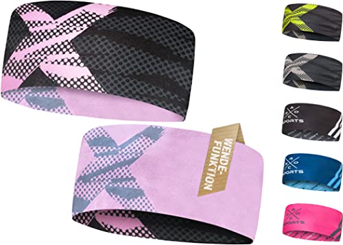 Atmungsaktives Sport Stirnband Damen & Herren - schnelltrocknendes Kopfband zum Wenden - leichtes & elastisches Haarband, winddichtes Schweißband Stirn (schwarz/rosa)
