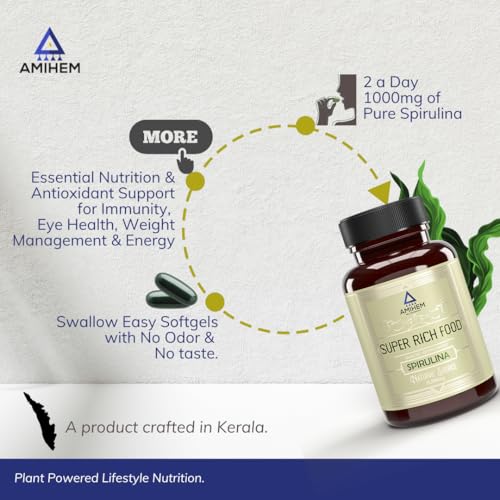Image of Spirulina Capsules 1000mg Per Serving | Supports Gut Health, Eye Health, Energy, Endurance & Immunity | 30 Capsules Per Bottle | Pack of 3
