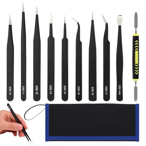 10-Piece Fine Tweezers for Crafting, Precision Tweezers for Facial Hair Women, Soldering Tweezer Set, Stainless Steel Tweezer Kit, Anti-Static ESD, Apply to Detailed Work and Crafts