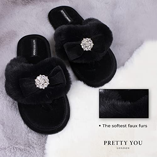 Pretty You London Women's Amelie Thong Slide Slipper with Bow and Rhinestone in Black4