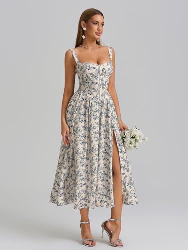 Image of KUTUMAI Floral Corset Midi Dress Flowy Slit Summer Spring Wedding Guest Dresses for Women Sundress with Pockets