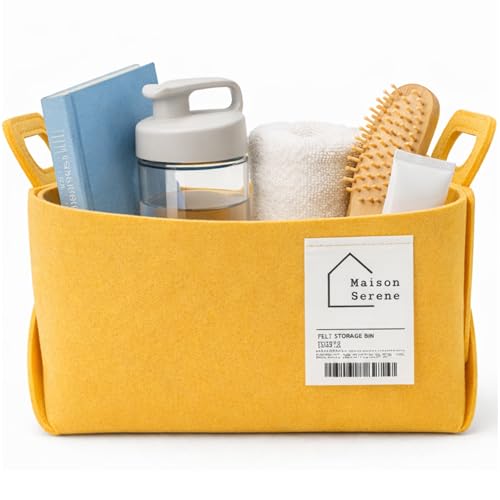 Maison Serene Collapsible Felt YELLOW Storage Basket with Handles Foldable Fabric Bin Organizer for Shelves Closet Toy Storage & Nursery SMALL