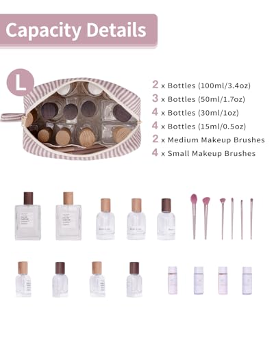 Image of Narwey Cute Makeup Bag Small Toiletry Bag Travel Cosmetic Bag Organizer Make Up Bags with Organized Pockets for Women (Dusty Rose Stripe, Large)