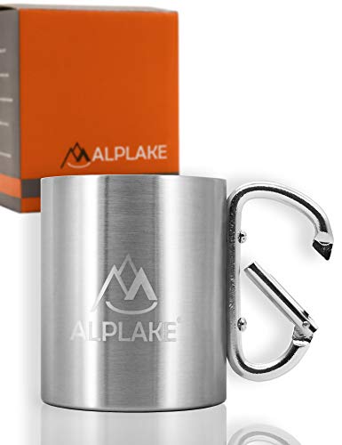 ALPLAKE® - Taza de acero inoxidable de doble pared, taza de metal, asa de mosquetón, 250 ml - Imagen 3