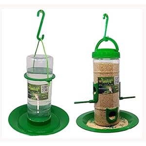 Amijivdaya Medium Bird and Water Feeder Combo (Green, Transparent)