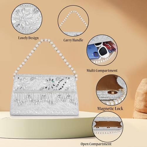 Image of Nevis Women's Embellished Clutch with Pearl Handle | Fancy Designe & Wedding Potli Bag for Festive & Evening