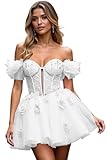 DXUOPL Off Shoulder Homecoming Dresses White A Line Soft Tulle Vestidos de DAMA Elegant Beaded DAMA Dress for Quinceanera 3D Flower Appliques Mini Vestidos de 15 Años Cortos Size 10