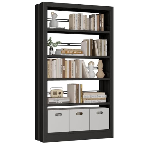 5-Tier Metal White Bookshelf, 71' Tall Library Bookshelf, White Bookshelf with Adjustable Storage Shelves, Modern Bookcase for Living Room, Library, Office, or Bedroom, Includes Book Stoppers (Black)