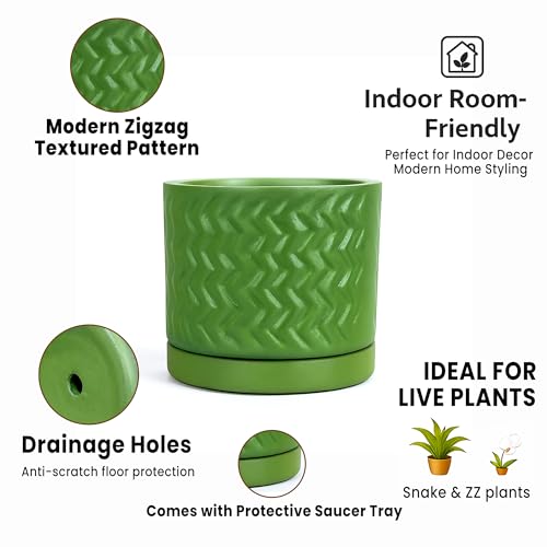 Image of Urban Plant Terracotta Pot with Saucer - Trendy Planter for Modern Home & Garden Spaces (Fresh Breath Terracotta Pot - Zigzag)