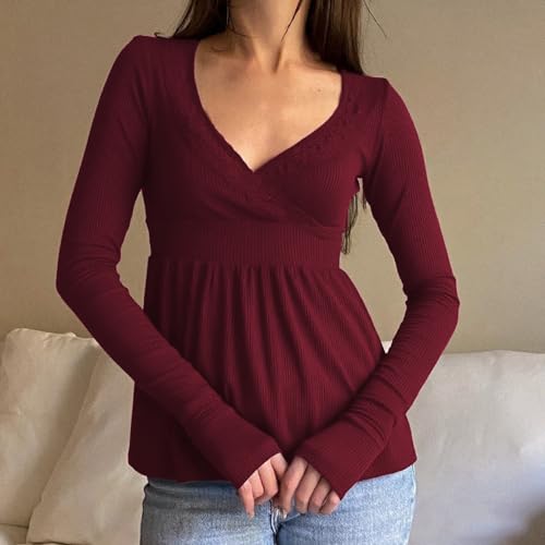 Image of Fairy Grunge Shirts for Women Y2K Tops Long Sleeve Lace Patchwork Tees Teen Girls Vintage Slim Blouse Fall Clothes
